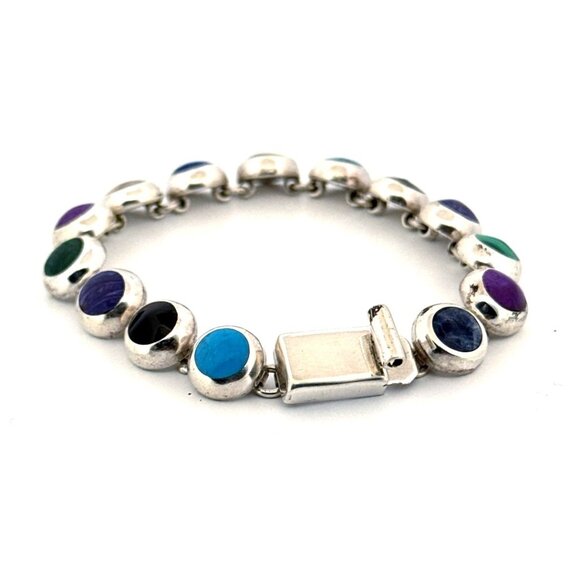 Vintage Estate Mexico Sterling Silver 925 Multi Gemstone Designer Bracelet 7'in